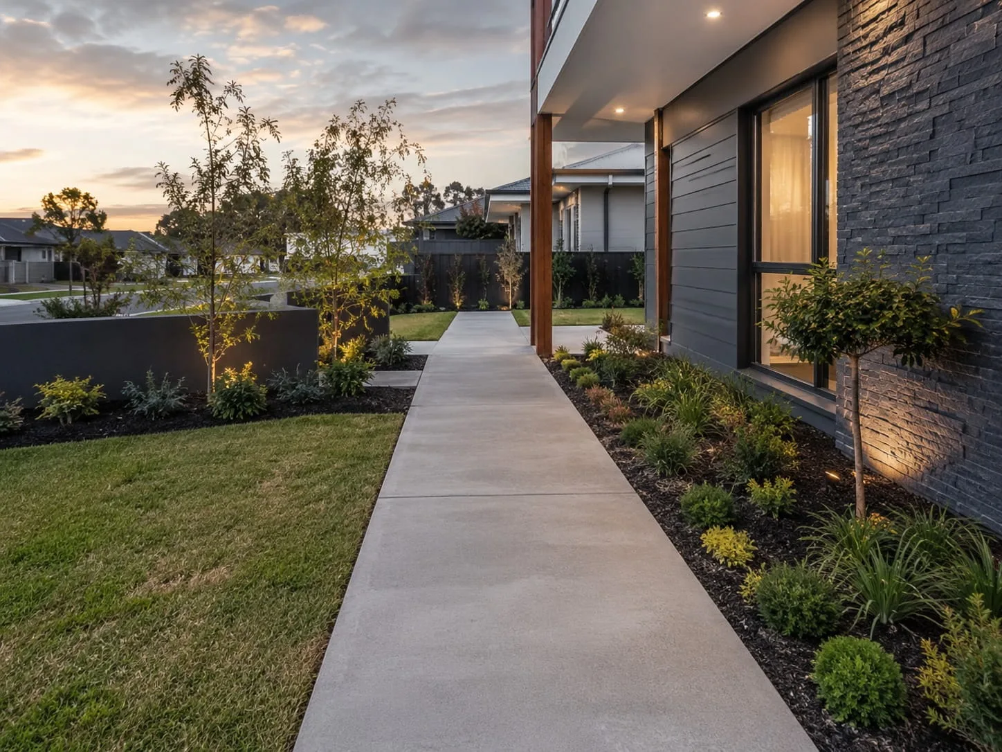 Concrete pathway running along the side of a Newcastle home past lit garden beds at dusk