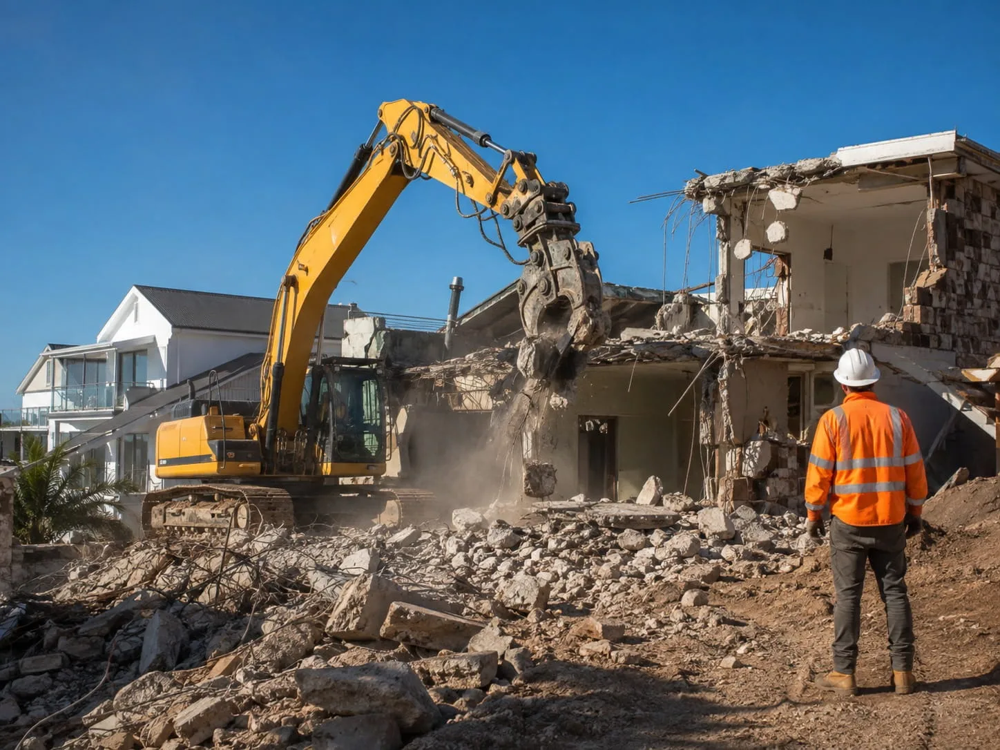Excavator with a demolition attachment tearing down a house while a worker in hi-vis looks on